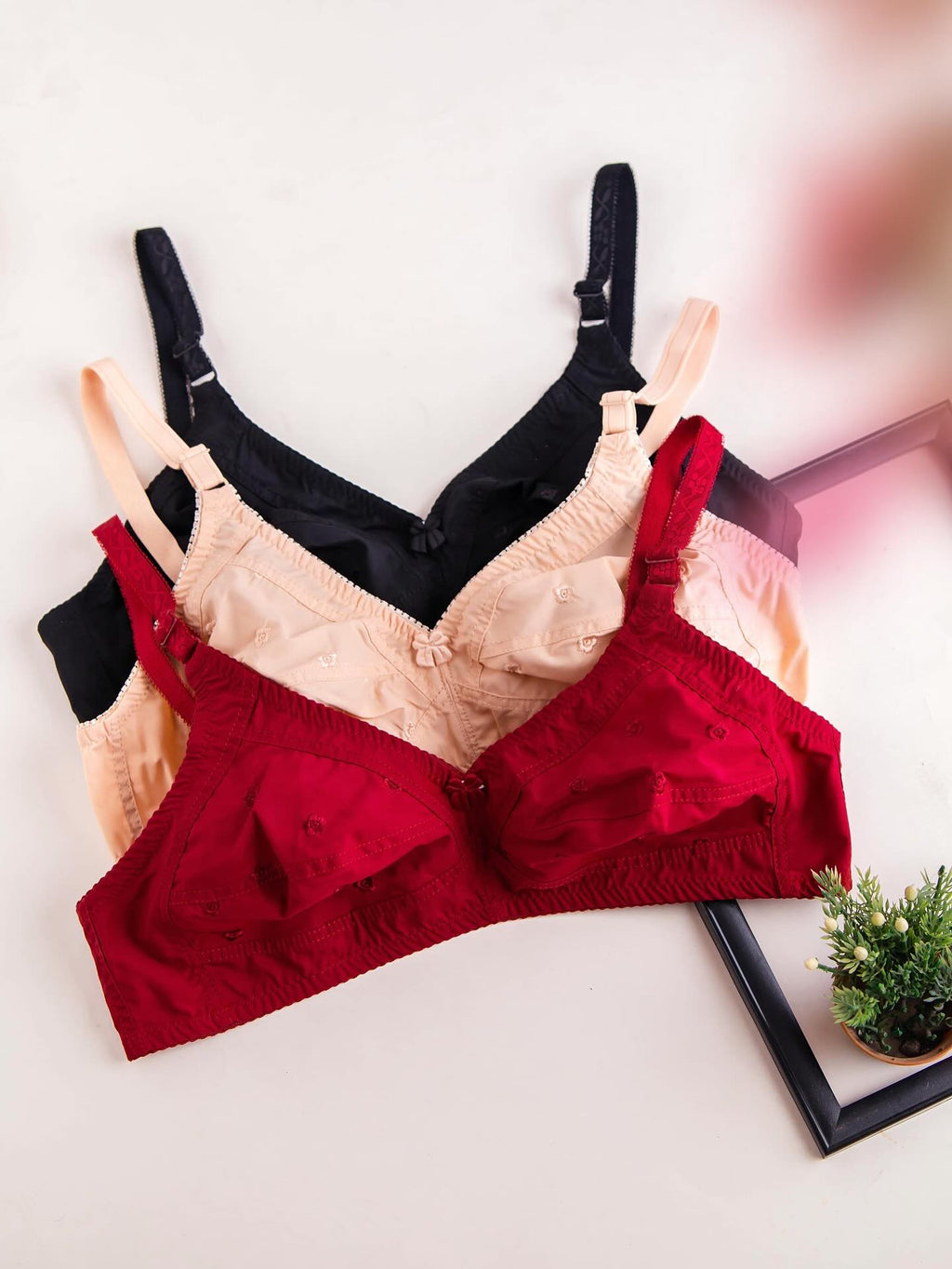 Embroidered Cotton Non-Padded Everyday Bra – Full Coverage Wire-Free Bralette - Pack of 3