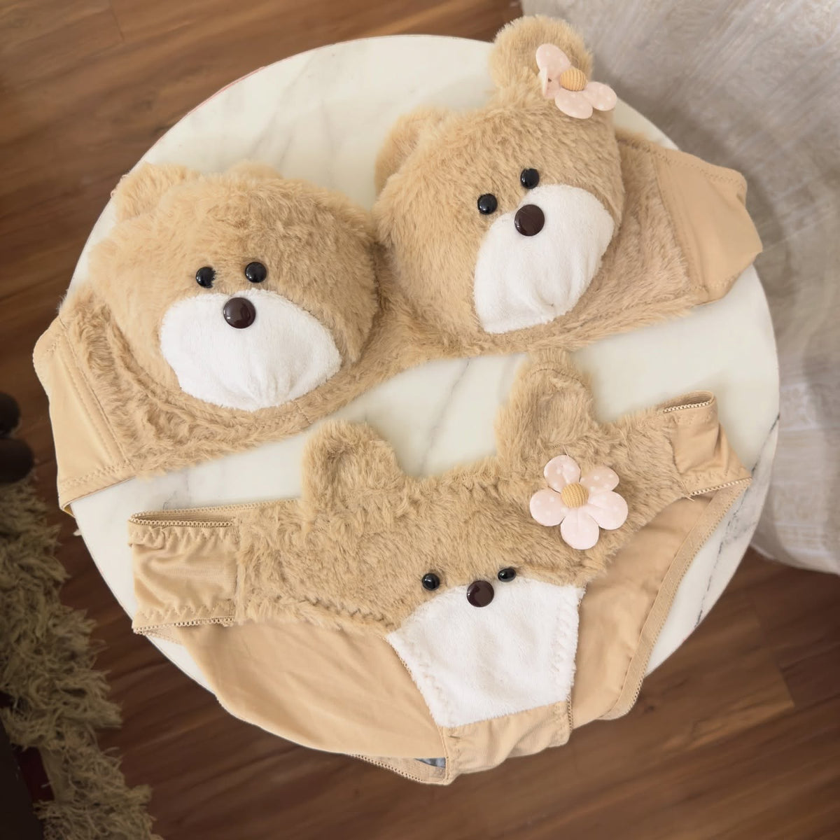 Cute Plush Teddy Bear Lingerie Set – Fuzzy Strapless Bra & Panty Two-Piece Set - Pack of 3