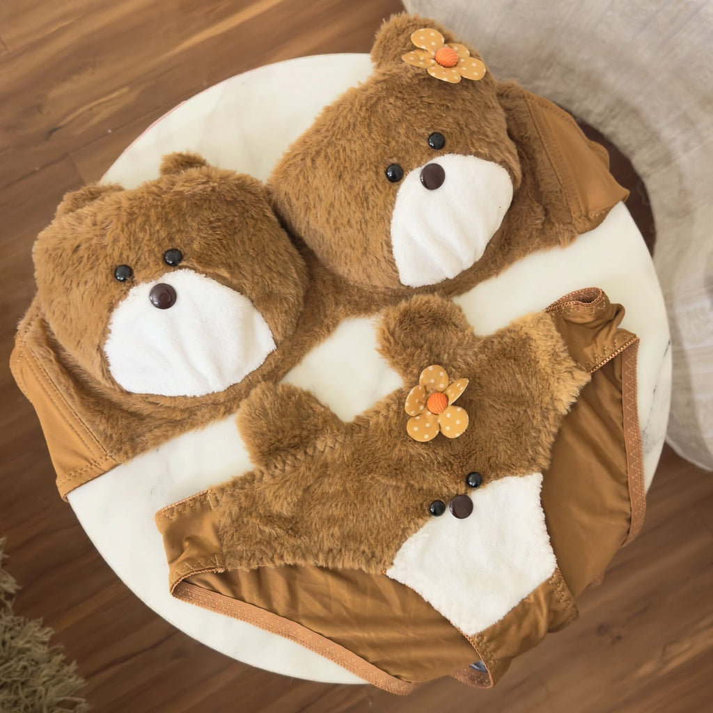 Cute Plush Teddy Bear Lingerie Set – Fuzzy Strapless Bra & Panty Two-Piece Set - Pack of 3