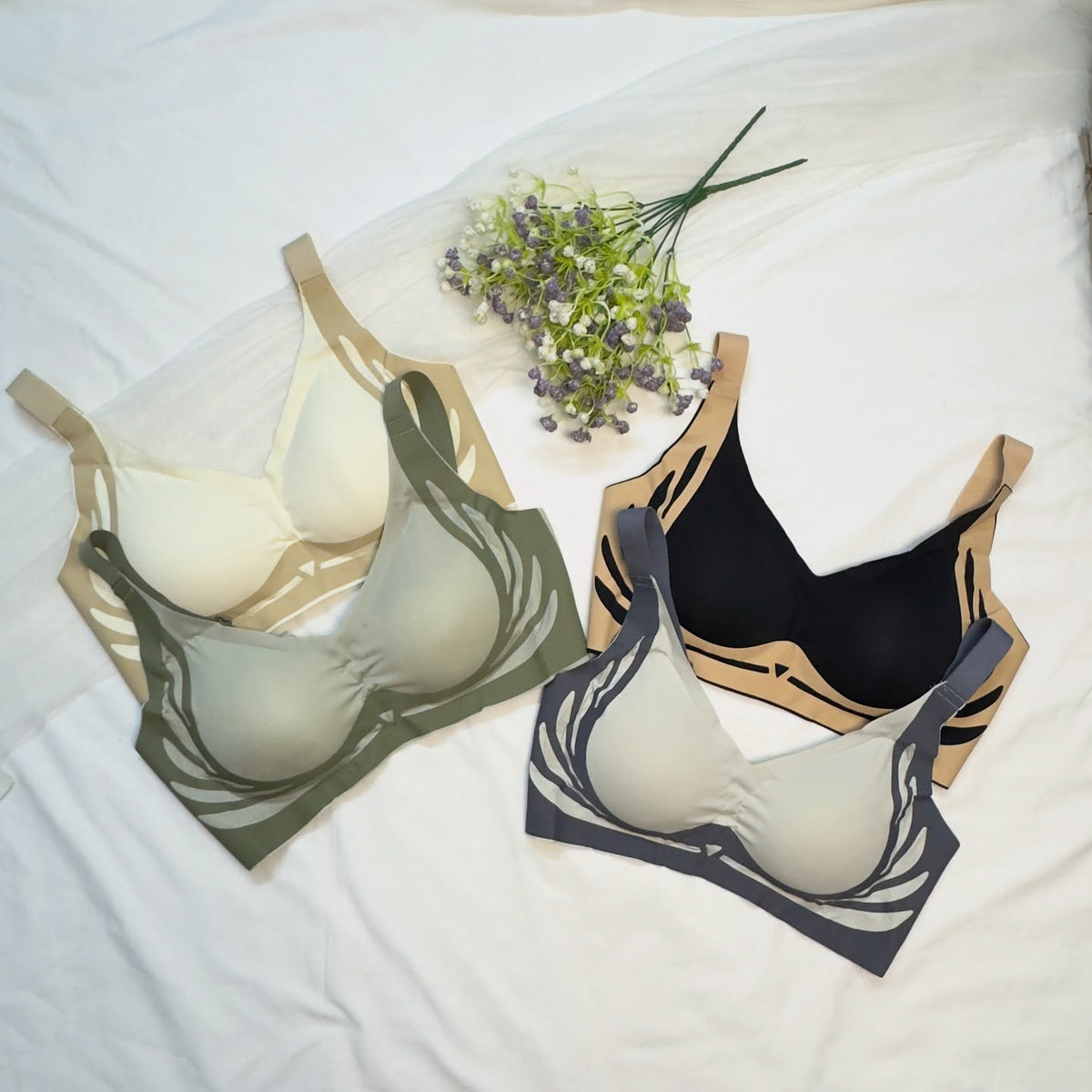 Seamless Feather Print Wireless Bra – Soft Contour Everyday Bralette - Pack of 3