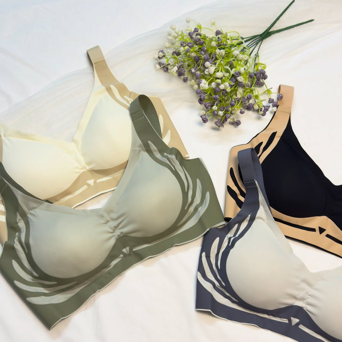 Seamless Feather Print Wireless Bra – Soft Contour Everyday Bralette - Pack of 3