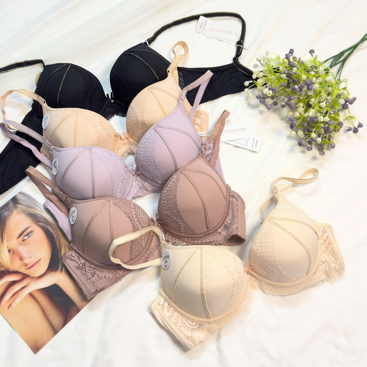Lace Side-Panel Underwire Bra – Metallic Trim Contour Full-Coverage Bra - Set of 2