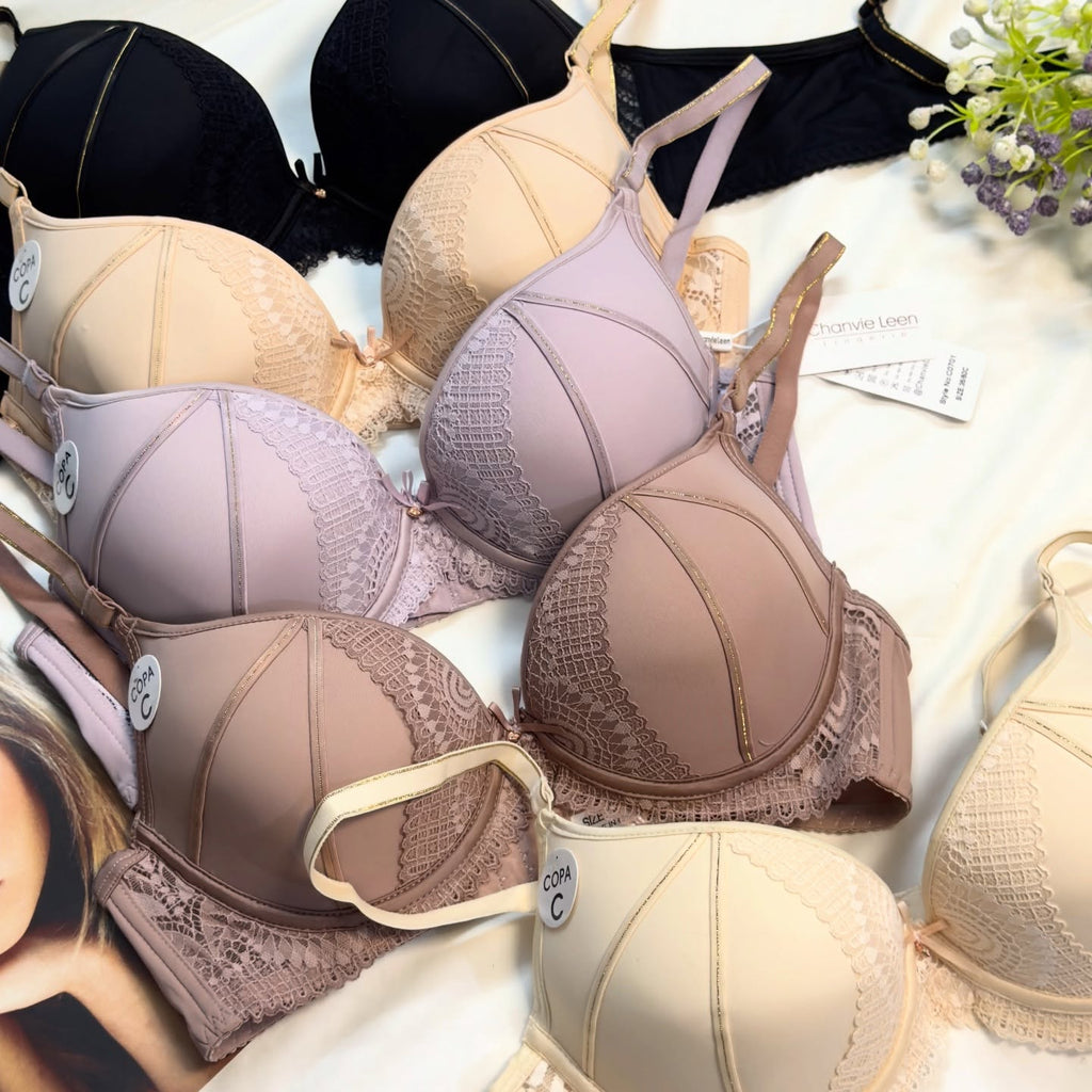 Lace Side-Panel Underwire Bra – Metallic Trim Contour Full-Coverage Bra - Set of 2