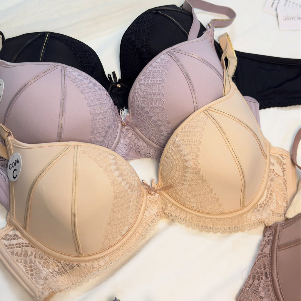 Lace Side-Panel Underwire Bra – Metallic Trim Contour Full-Coverage Bra - Set of 2